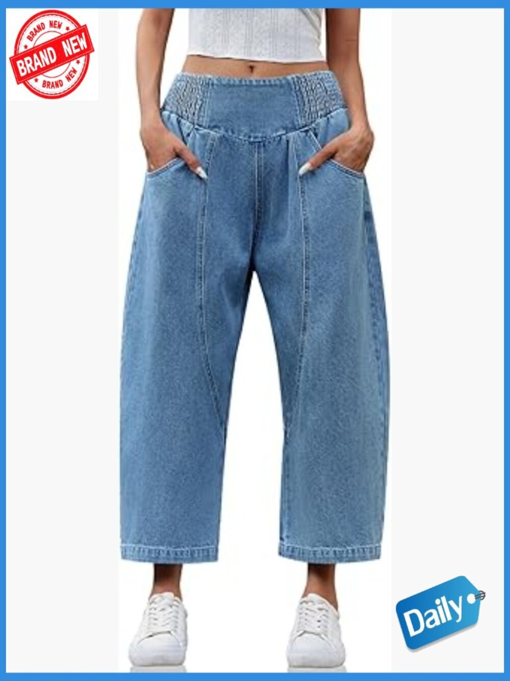 Wide Leg Cropped Baggy Boyfriend Smocked Mid Rise Harem Denim Pants